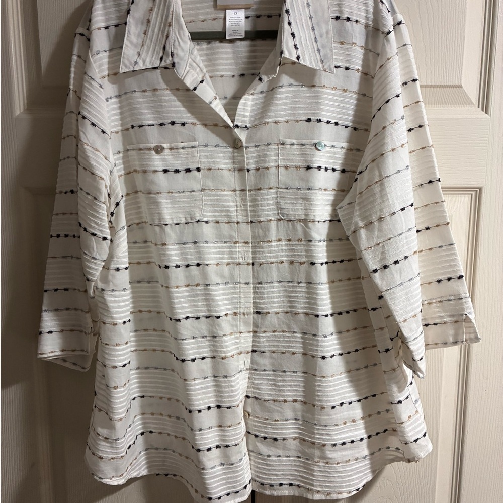 Alfred Dunner White, Tan and Brown Striped Button-Down Shirt with 3/4 sleeves.